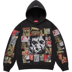 Supreme Black Graphic Mosaic Hoodie with Red & Cream Panels